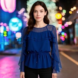 See By Chloe Sheer Navy Ruffle Blouse w/ Tank Top Boho Romantic Medium